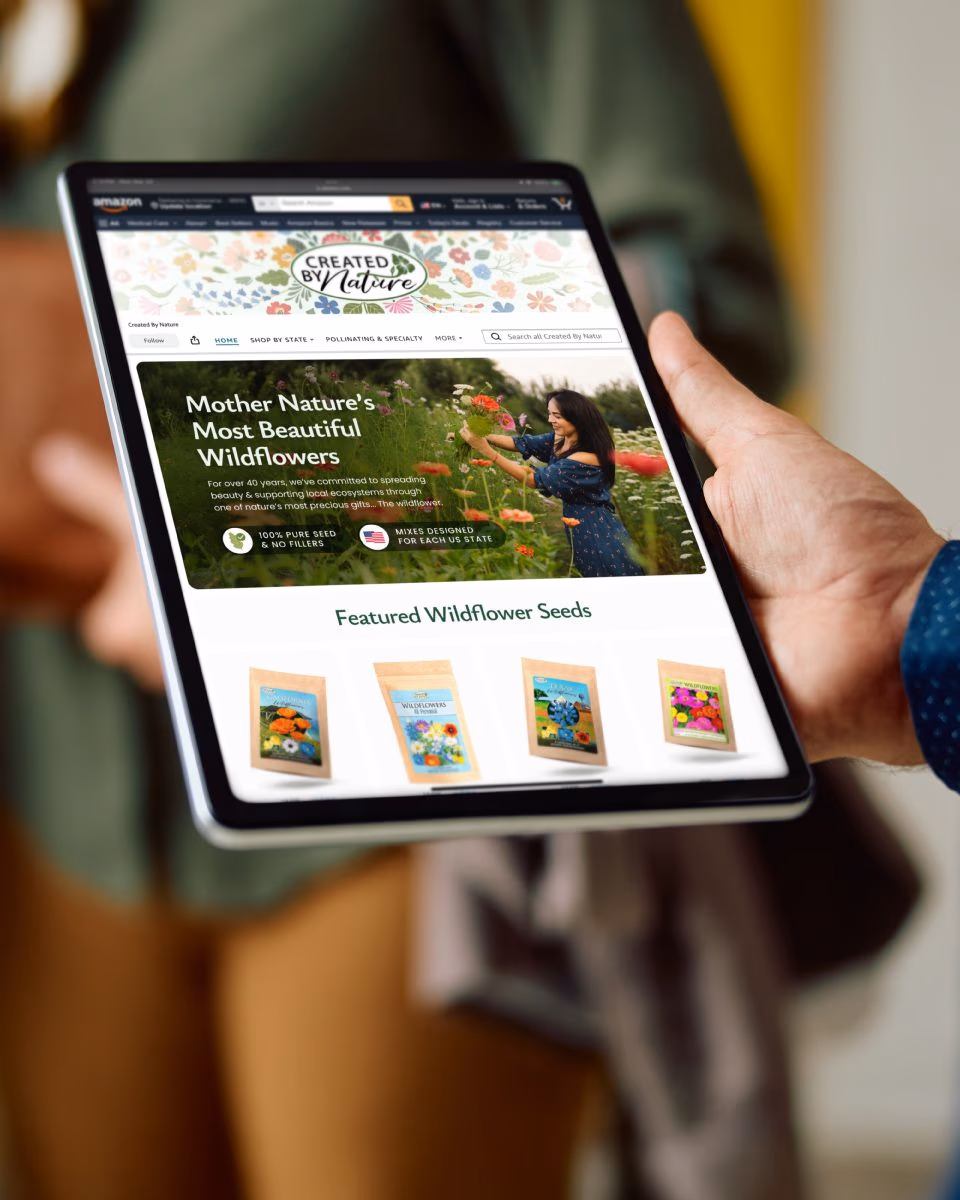 An iPad depicting an Amazon storefront for a wildflower seed company.