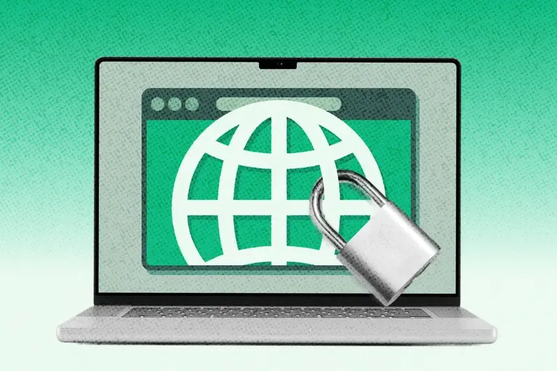 A website icon on a laptop screen, locked by a padlock.