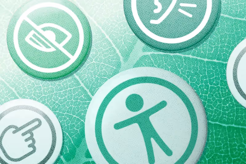 A collage of round buttons with accessibility symbols on a plant background.
