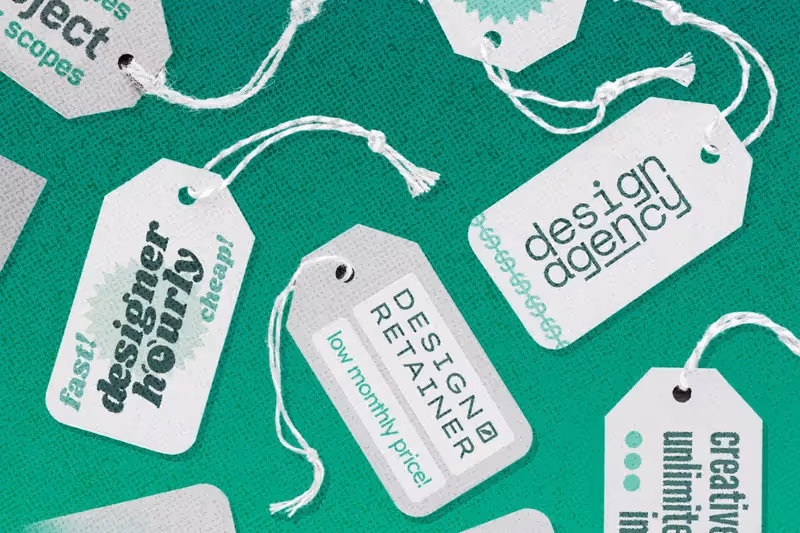 A collage of price tags depicting a variety of design pricing models.