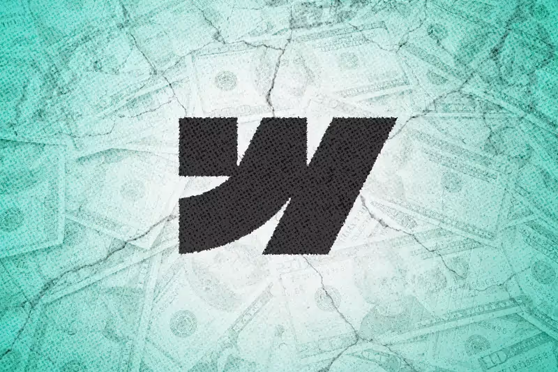 The webflow logo surrounded by stacks of money and cracks.