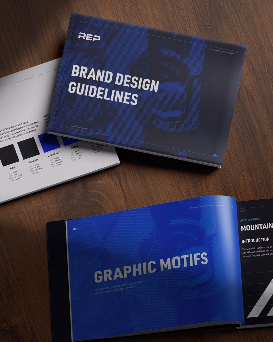 A book depicting brand identity for REP Fitness