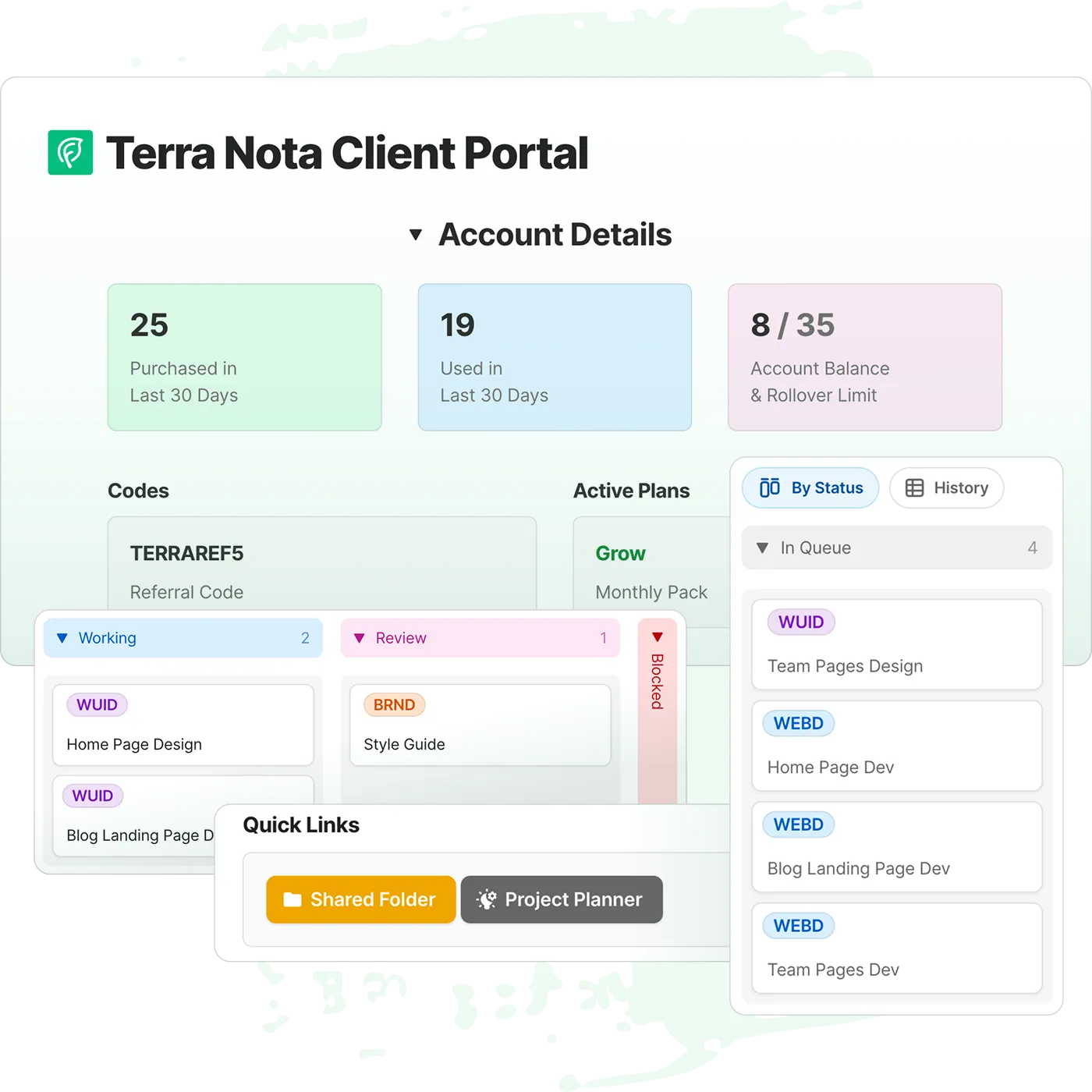 Client portal showing project tracking
