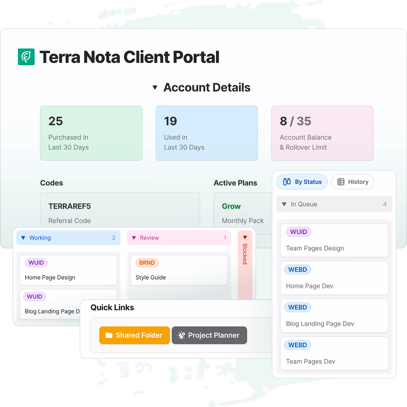 Client portal showing project tracking